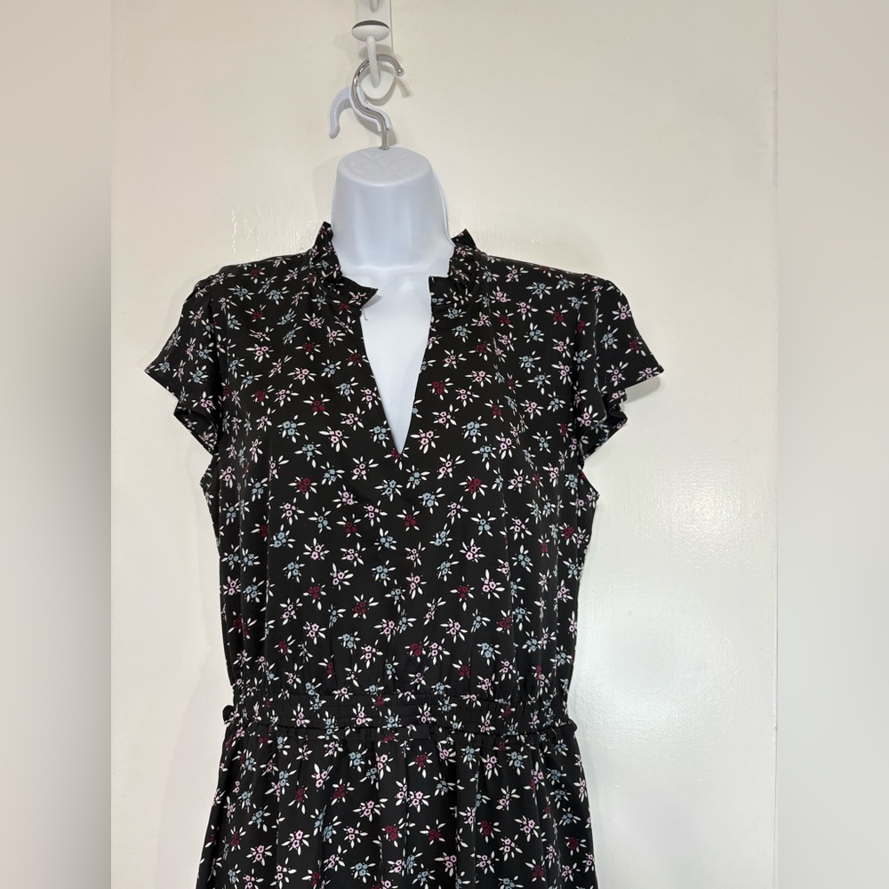 Floral Officecore Ann Taylor Factory Short Cap Sleeve Ruffle Hem Dress Sz M - Picture 3 of 12